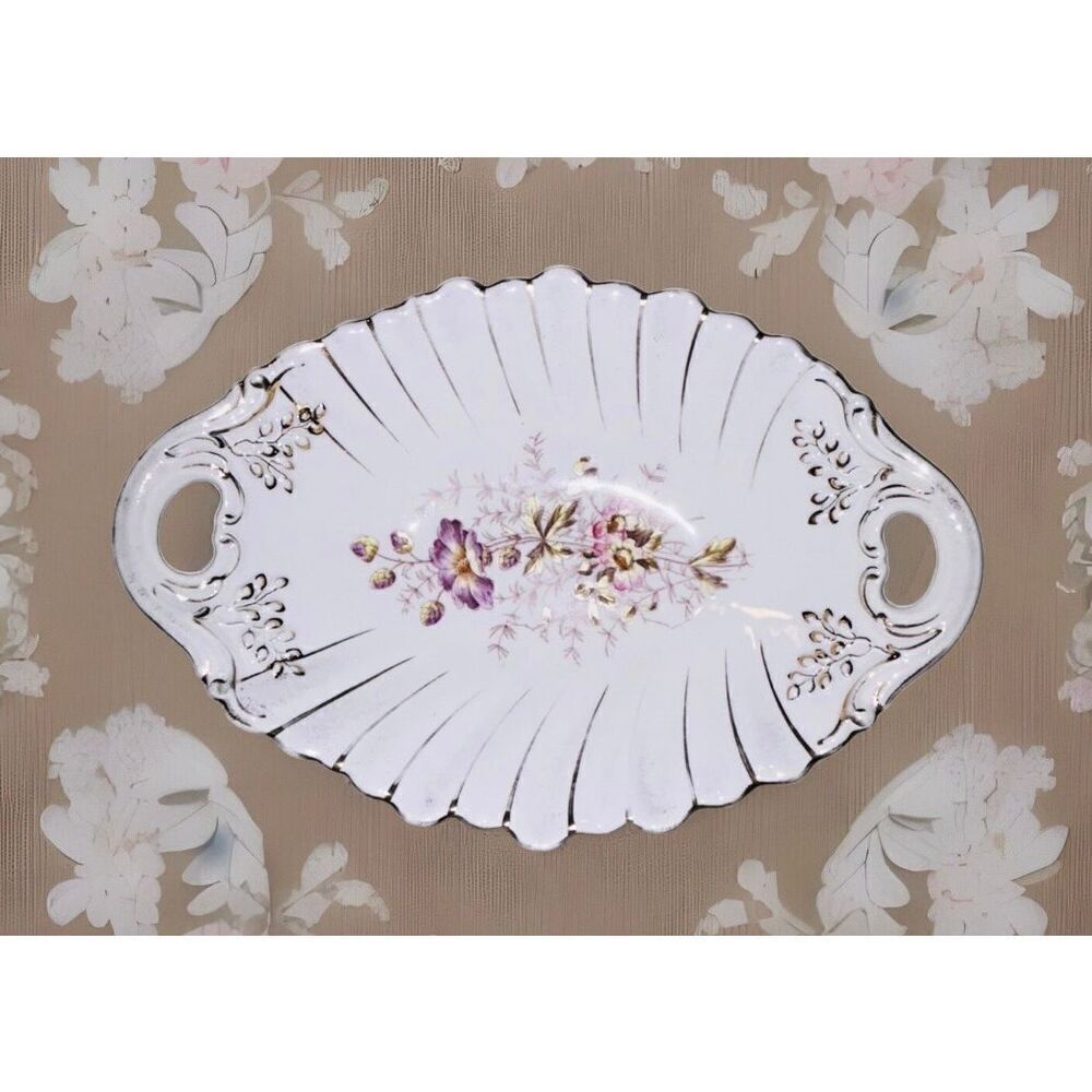 Antique KPM Germany Scalloped Serving Bowl-White Floral Gold Handles numbered
